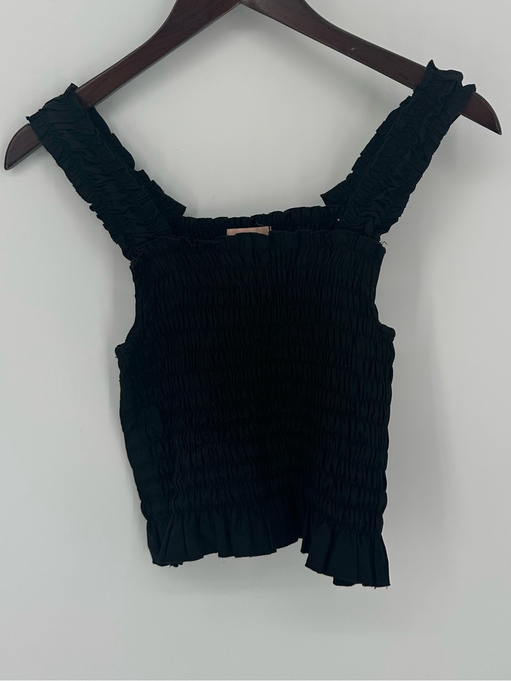 Lisa Says Gah Tammy Smocked Ruffle Strap Tank Top Black Size Small Cotton